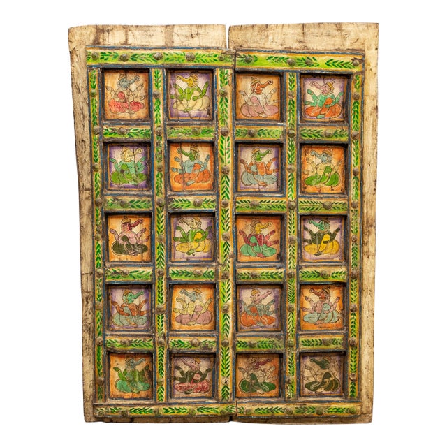 Early 1900s Antique Rajasthani Doors With Folk Art Paintings of Ganesh For Sale