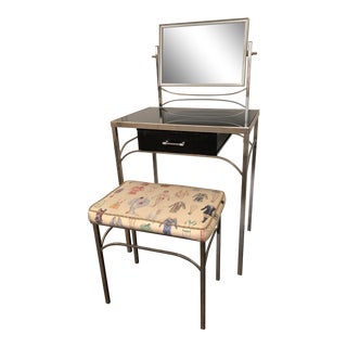 1940s Art Deco Black & Chrome Vanity Table & Stool - 2 Pieces For Sale