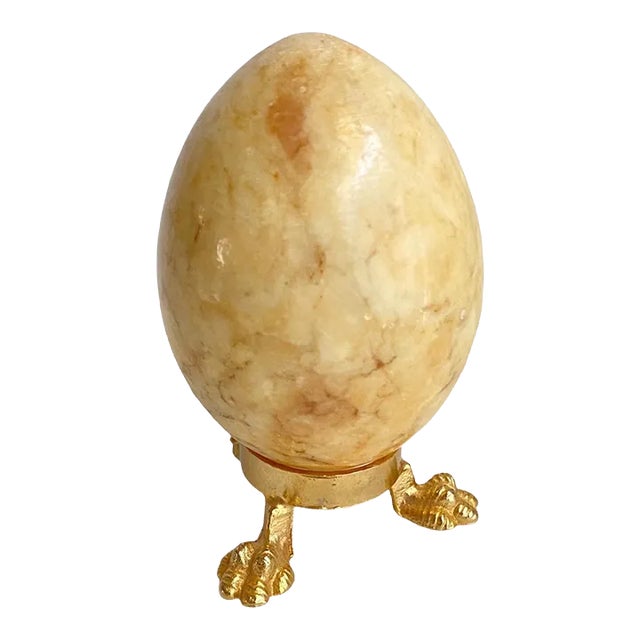 Vintage Petite Alabaster Egg Brass Duck Feet Stand For Sale