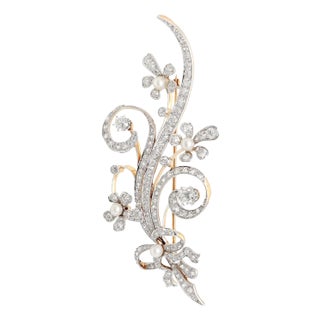 Mid-Century Modern 14k White & Yellow Gold, Diamond, & Pearl Floral Brooch For Sale