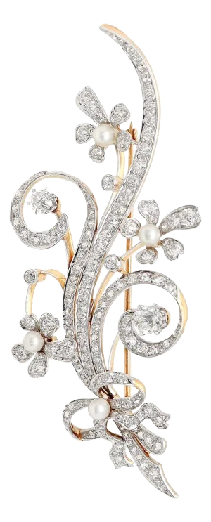 Mid-Century Modern 14k White & Yellow Gold, Diamond, & Pearl Floral Brooch