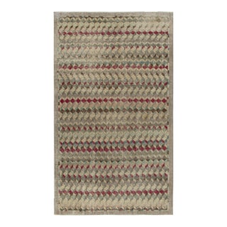 1960s Vintage Deco Rug in Greige, Green and Red Geometric Pattern, Distressed For Sale