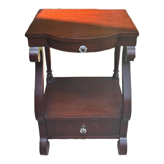 Thomasville cherry end table/accent table. Features a curved front drawer, lower storage drawer, open shelf, and...