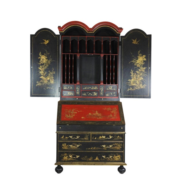 Chinoiserie Vintage English George III Style Black and Red Decorative Tall Secretary Cabinet For Sale - Image 3 of 12