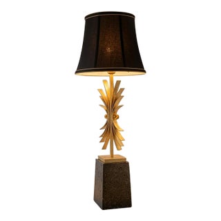 Mid-Century Modern Abstract Gold Starburst Table Lamp With Stone Base & Black Shade | Hollywood Regency For Sale