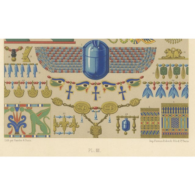 After Racinet, Ancient Egyptian Ornament with Symbols & Jewelry, 1869, Lithograph For Sale - Image 3 of 10