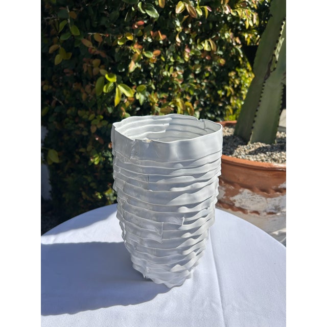 Contemporary Vintage White Ceramic Applied Ribbon Vase For Sale - Image 3 of 13