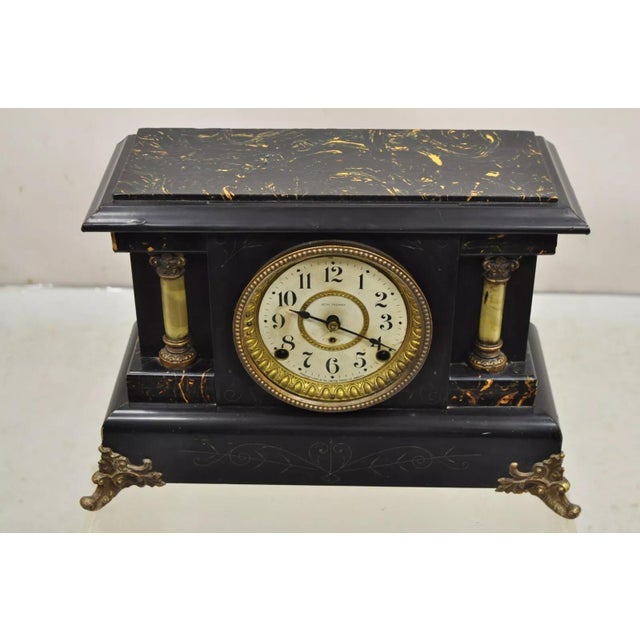 Antique Seth Thomas Adamantine Victorian Faux Marble Shelf Mantel Clock. Circa Late 19th Century. Measurements: 11" H x...