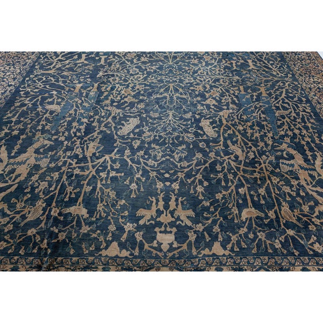 Textile Fine Antique Indian Blue Handmade Wool Rug For Sale - Image 7 of 9