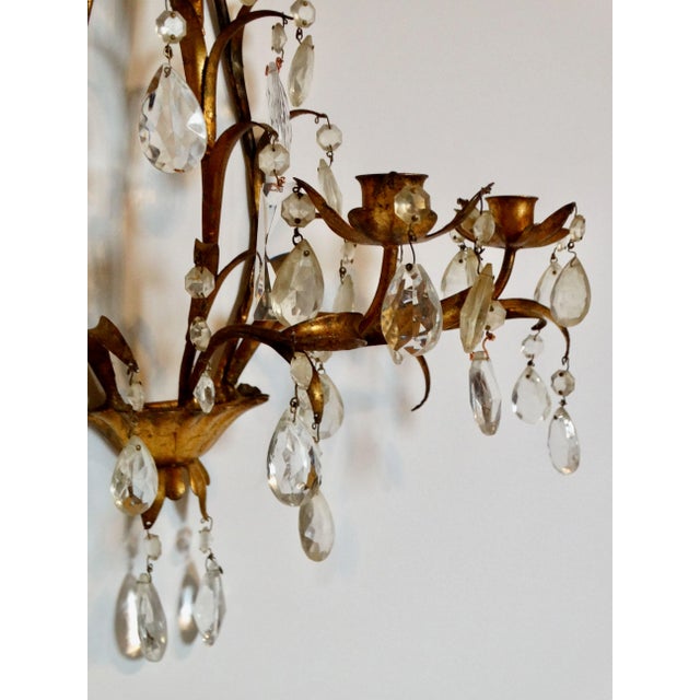 Gold Italian Tole Gold Triple Arm Candle Wall Sconce With Crystals For Sale - Image 8 of 12