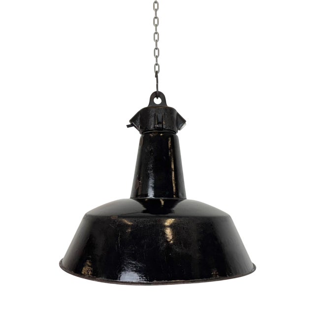 Industrial Black Enamel Factory Lamp with Cast Iron Top, 1950s For Sale