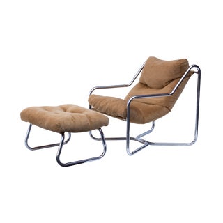 Tubular Chrome Frame Lounge Chair and Ottoman For Sale