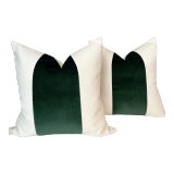 Custom Oatmeal Linen & Emerald Green Velvet Stripe Pillows- a Pair For Sale