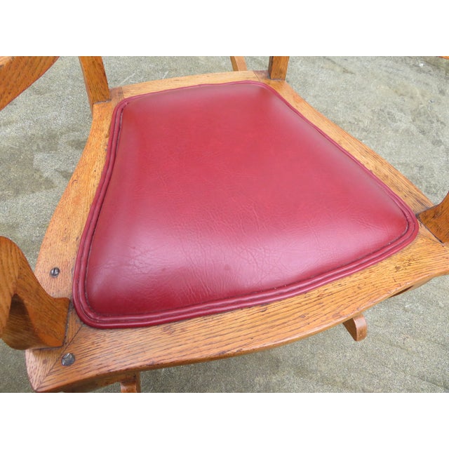 Antique Carved Oak Green Man Rocking Chair in Red Tufted Leather ~ Northwind Face For Sale - Image 12 of 17