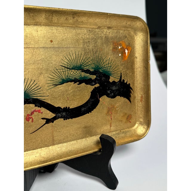 Wood Vintage Japanese Hand Painted Lacquerware Tray on Gold Leaf & Stand For Sale - Image 7 of 12
