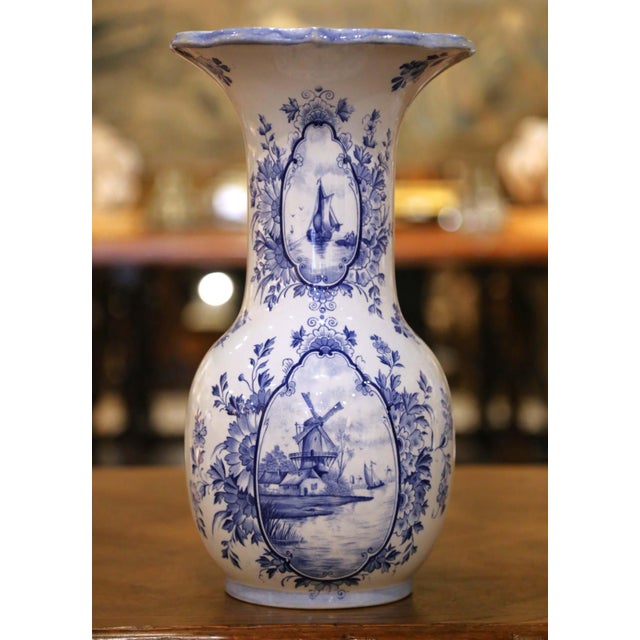 Ceramic Pair of Early 20th Century Dutch Delft Faience Vases With Sailboats & Windmills For Sale - Image 7 of 11