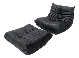 Set of French Togo Lounge Chair and Ottoman in Black Leather attributed to Michel Ducaroy for Ligne Roset, 1970s