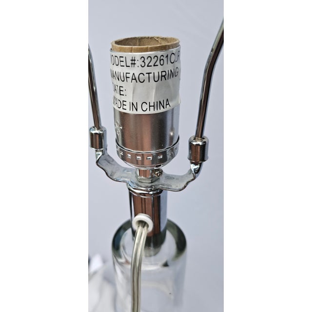 Khaki Pair of Large Clear Glass Barrel 3-Way Lamps With Woven Fabric Shades For Sale - Image 8 of 12