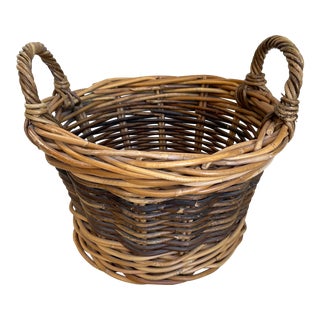 1960s French Thick Woven Rattan Basket With Handles For Sale