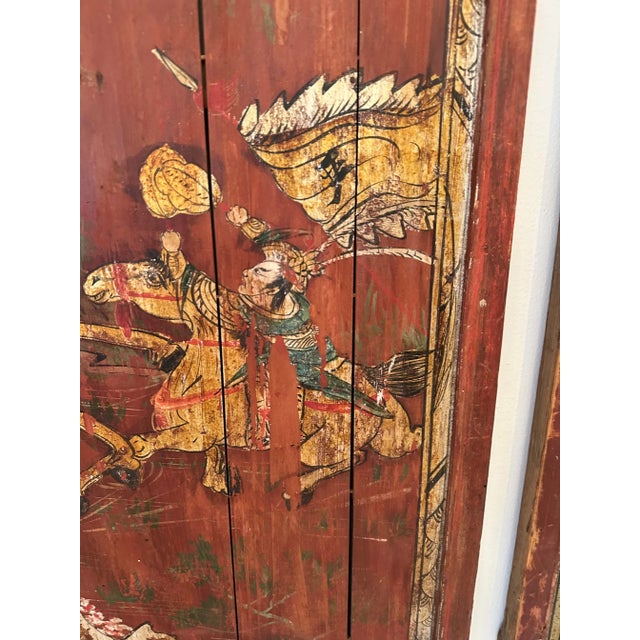 Pair of Distressed Antique Chinese Hand Painted Wooden Panels For Sale - Image 4 of 13