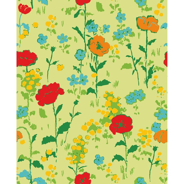 Sample - Poppies (var. 2) Wallpaper by Paule Marrot in Chartreuse For Sale