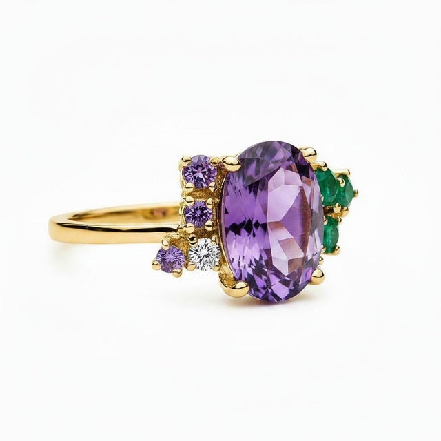 Modern Purple Amethyst Multicolor Ring in 14k Gold, Size 7.5 For Sale - Image 3 of 11