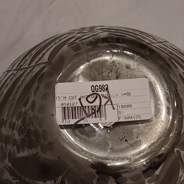 Silver Vintage Antique Mercury Glass Vase With Hand Painted Raised Textured Gold Leaf Motif For Sale - Image 8 of 10