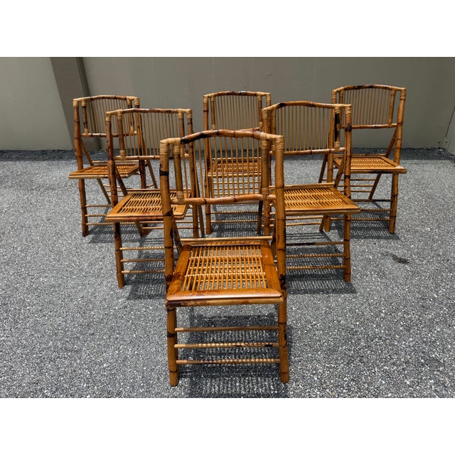 Mid-Century Modern 1990s Boho Chic Rattan Burnt Finish Folding Dining Chairs - Set of 10 For Sale - Image 3 of 15