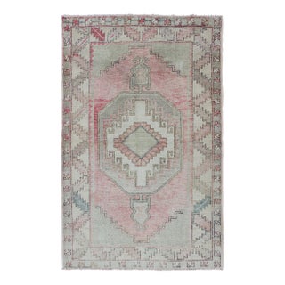 Pink, Light Green, and Ivory Vintage Rug With Flower Medallion Pattern For Sale