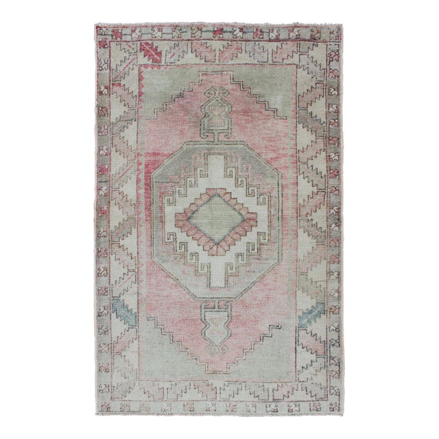 Pink, Light Green, and Ivory Vintage Rug With Flower Medallion Pattern For Sale