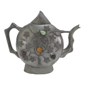 Ornate Chinese Pewter Teapot With Raised Gemstone Flowers & Serpentine Spout