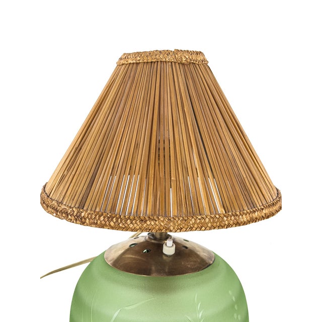Table Lamp in Frosted Glass, Sea-Grass Shade and Brass by Edward Hald for Orrefors, Sweden, 1940s For Sale - Image 3 of 14