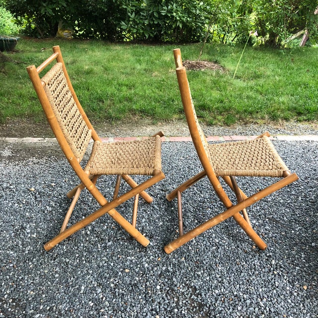 MidCentury Modern Hans Wagner Style Bamboo Rope Folding Lounge Chairs
