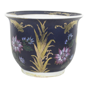 Late 20th Century Hand Painted Black and Floral Asian Porcelain Planter With Gold Details Medium Sized
