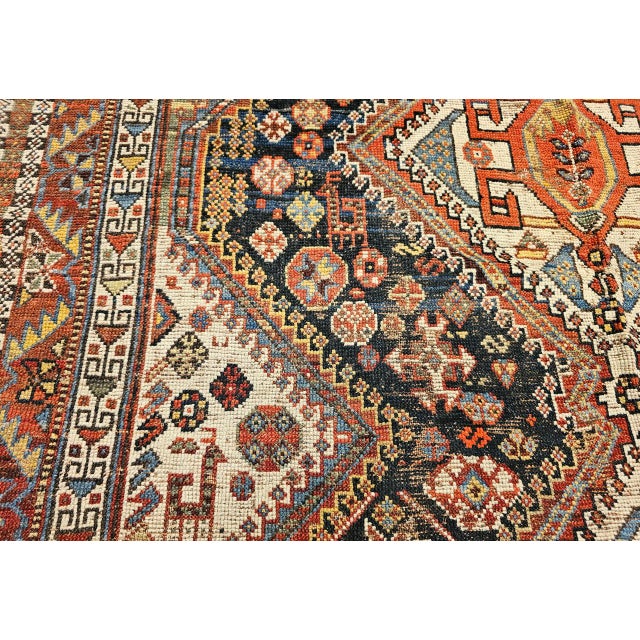 Vintage Persian Qashqai Tribal Area Rug, Hand-Knotted Wool, Geometric Medallions, 4x7, Navy & Red For Sale - Image 15 of 18