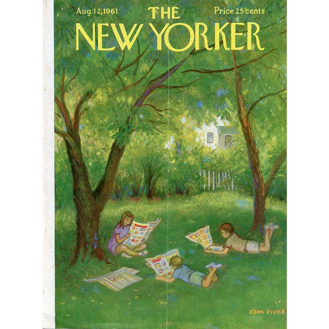 Original vintage New Yorker magazine cover from August 12, 1961 featuring a Summer Vacation theme. Cover illustration by...