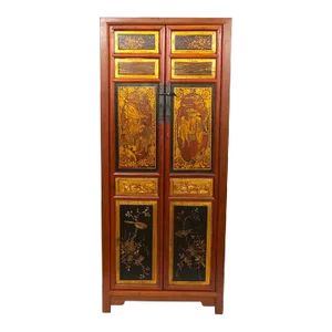 Hand Painted Red / Gilt Wood Chinoiserie Decorated Cabinet