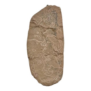 Late 20th Century Eugene Gauss Mid Century Figural Carved Red Stone Picasso Style Wall Sculpture For Sale