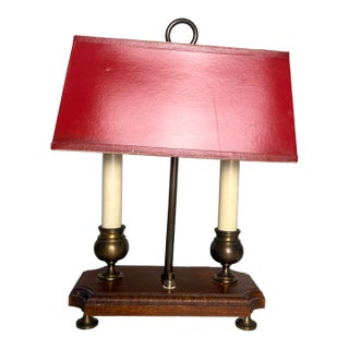 Vintage 2-Light French Bouillotte Style Table Lamp With Red Shade, Antique Brass & Wood Desk Lamp For Sale