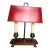 Vintage 2-Light French Bouillotte Style Table Lamp With Red Shade, Antique Brass & Wood Desk Lamp For Sale