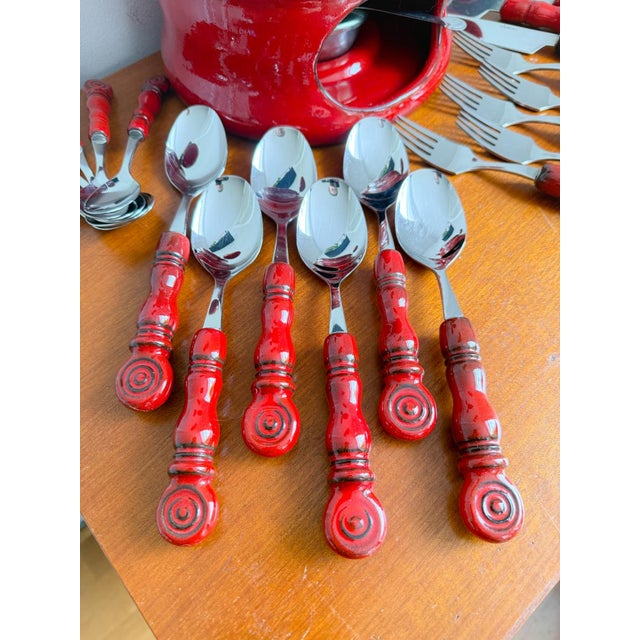 Vintage Tirol Cutlery Set and Fondue Pot in Red Ceramic and Stainless Steel, 1970s, Set of 24 For Sale - Image 6 of 13