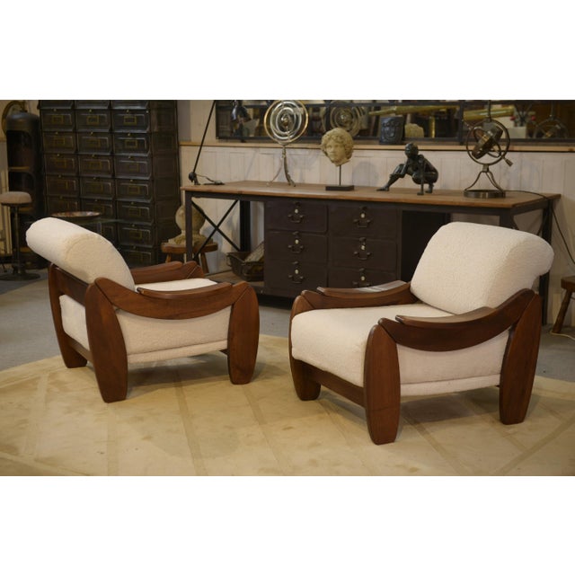 Brutalist Armchairs in Wood and Ecru Bouclé, 1970s, Set of 2 For Sale - Image 10 of 13