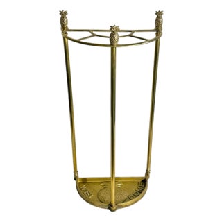 Vintage Cast Brass Demi Lune Umbrella Stick Stand With Pineapple Finials For Sale
