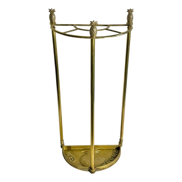 Vintage Cast Brass Demi Lune Umbrella Stick Stand With Pineapple Finials For Sale