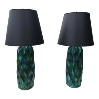Pair of Tall Mid-Century Iridescent Ceramic Table Lamps – Blue & Green Glaze With Custom Shades For Sale