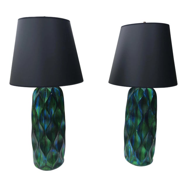 Pair of Tall Mid-Century Iridescent Ceramic Table Lamps – Blue & Green Glaze With Custom Shades For Sale