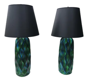 Pair of Tall Mid-Century Iridescent Ceramic Table Lamps – Blue & Green Glaze With Custom Shades