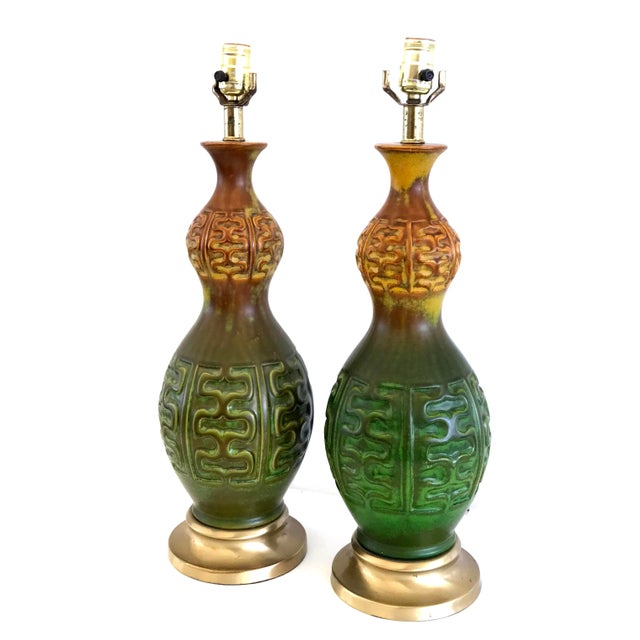 Beautiful pair of vintage mid century modern ceramic table lamps! Great texture and color, with a very tactile matte...