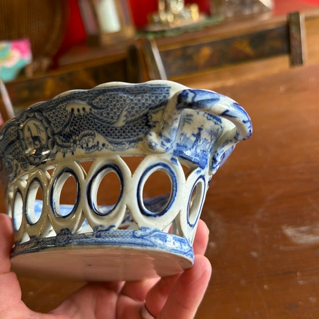 Antique Staffordshire Pearlware Blue Transfer "Gothic Castle" Chestnut Basket, Attributed to Spode, Circa 1820s For Sale - Image 9 of 12