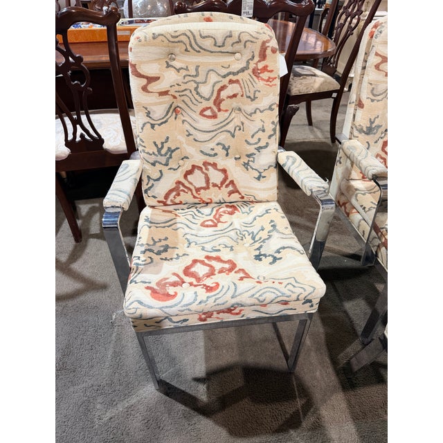 Cream, Blue & Red Set of 8 Attributed to Milo Baughman Chrome MCM Dining Chairs For Sale In Las Vegas - Image 6 of 8